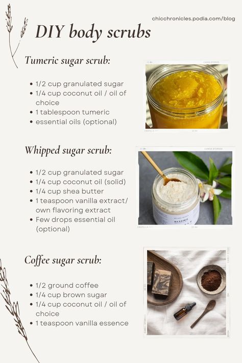 Discover simple and natural DIY body scrubs with these easy recipes! Learn how to make tumeric sugar scrub, whipped sugar scrub, and coffee sugar scrub at home. Perfect for glowing, exfoliated skin using ingredients like coconut oil, shea butter, and essential oils. Get the full guide at chicchronicles.podia.com/blog Homemade Turmeric Body Scrub, Diy Creamy Body Scrub, Glow Sugar Scrub Diy, Lemon Tumeric Scrub Diy, Diy Body Scrubs For Skin Lightening, Coffee Body Scrub Diy Coconut Oil, Body Scrub Black Skin, Diy Natural Face Scrub, Turmeric Body Scrub Recipe