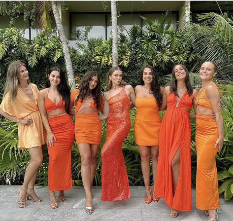 Color Coordinated Outfits Friends, Bachelorette Outfit Themes, Mexico Bachelorette, Sunset Party, Coordinates Outfits, Rare Features, Beach Wedding Guests, Fiesta Tropical, Beach Wedding Guest Dress