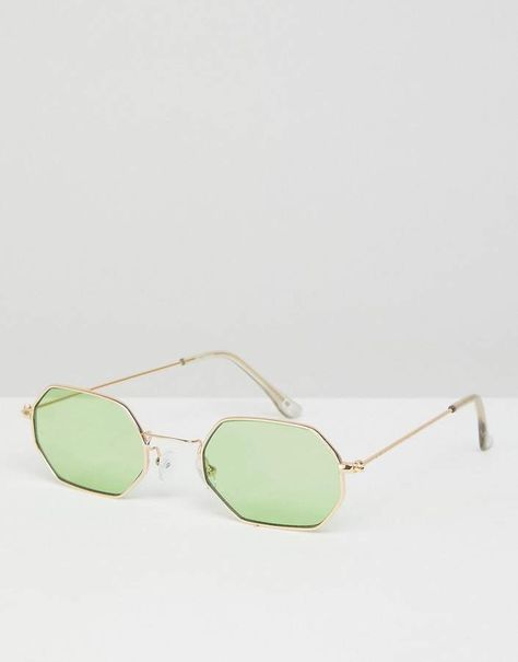 Asos 90s Angular Hexagon Fashion Sunglasses In Green Coloured Lens £14 #CommissionLink Hexagon Fashion, Funky Glasses, Glasses Trends, Trendy Glasses, Green Sunglasses, Cute Sunglasses, Cool Glasses, Cute Glasses, Fashion Eye Glasses