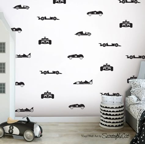 Race Cars Wall Decals Neutral Car Theme Bedroom, Modern Race Car Bedroom, Boys Room Car Theme, Car Theme Boys Room, Cars Themed Nursery, F1 Nursery, Race Car Nursery Theme, Race Car Room Boys, Nursery Car Theme