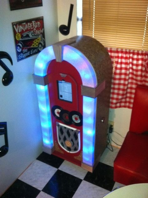 Hi,I built this juke box for my lovely wife a while back. She re-decorated our breakfast nook with 50's stuff, so a juke box seemed like a good... Decorate Car For Birthday, Glow Challenge, Grease Party, Chrome Decor, Sock Hop Party, My Lovely Wife, Gaming Rooms, Music Studios, Old Records