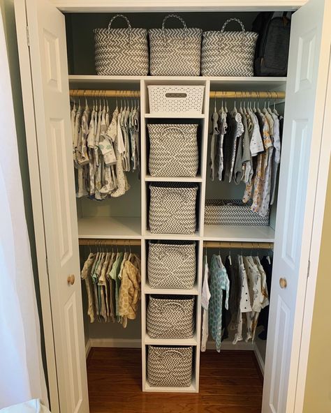 Simple Nursery Closet Organization, Nursery Closet With Dresser, Nursery Closets Ideas, Nursery Closet Remodel, Nursery Closet Built In, Nursery Closet Ideas Diy, Small Closet For Nursery, Nursery Closet Layout, Open Nursery Closet Ideas