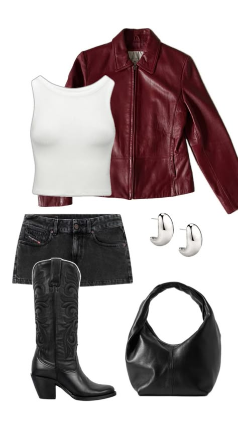 Dress And Leather Jacket Outfit, Red And Black Concert Outfit, Black Concert Outfit, Red Leather Jacket Outfit, Dress And Leather Jacket, Valentines Outfit, Leather Jacket Outfit, Clubbing Outfits, Leather Jacket Outfits