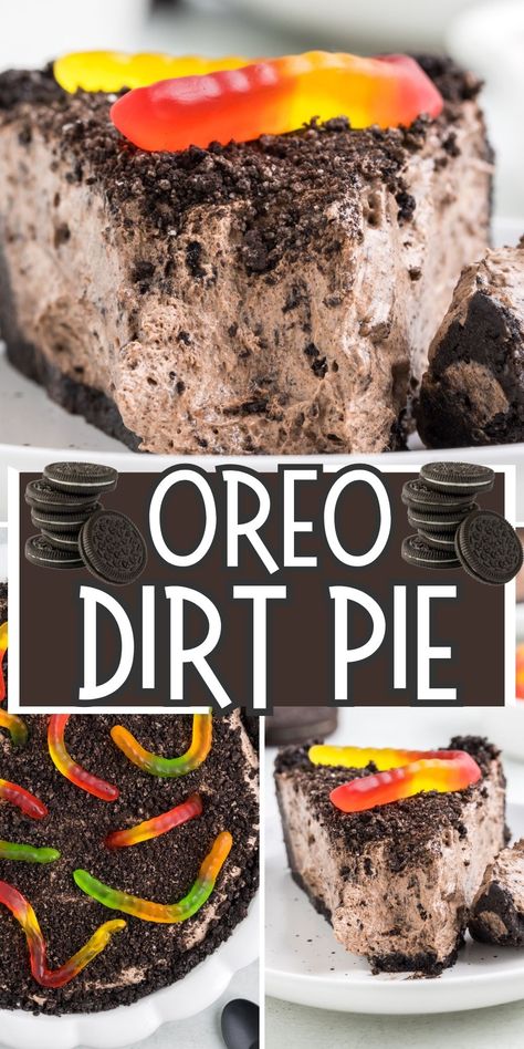 Family favorite Oreo Dirt Pie is not only easy to make and no bake, it's a fun and delicious recipe that kids of all ages love! Homemade Oreo cookie crust, filled with whipped chocolate pudding, topped with Oreo crumbs for the 'dirt', and then finished off with gummy worms. Oreo Cookie Dirt Pudding, Dirt Cake Pie, No Bake Oreo Dirt Cake, Dirt Pudding No Cream Cheese, Easy Kid Treats To Make, Dirt And Worms Dessert Easy, Chocolate Dirt Pudding Recipe, Mud Cake Recipes Oreo Dirt Cups, Dirt In A Cup Dessert