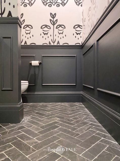 Black Bathroom Wainscoting, Wallpaper And Wainscoting Bathroom, Black White Powder Room, Black Wallpaper Bathroom, Bathroom With Wainscoting, Wallpaper And Wainscoting, Big Entryway, Dark Wainscoting, Basement Vibes