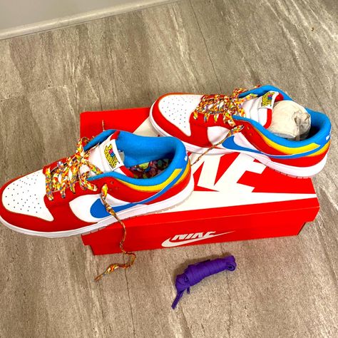 Fruity Pebbles Dunks Outfits, Colorful Dunks, Fruity Pebbles Dunks, Fruity Pebbles Shoes, Luxury Multicolor Nike Sneakers, Championship Purple Dunks, Multi Color Dunks, Psychic Purple Dunks, Nike Blazer Women