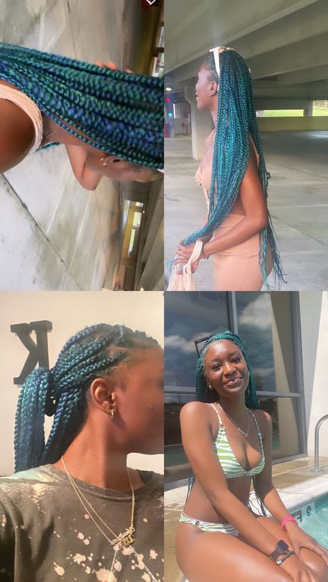 Turquoise Braids For Black Women, Teal Braids Black Women, Teal Knotless Braids, Blue And Green Braids, Teal Box Braids, Blue Knotless Box Braids, Black And Green Braids, Vampire Yandere, Teal Braids