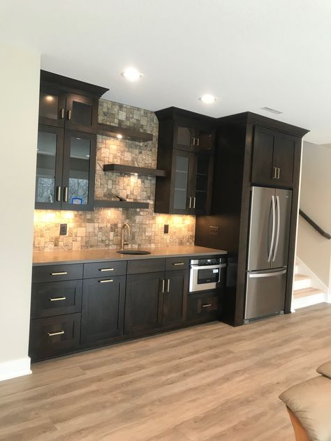 Basement Bar With Refrigerator, Wet Bar Ideas With Refrigerator, Bathroom Accesorios, Black Basement Kitchenette, Basement Wet Bar With Full Size Fridge And Dishwasher, Downstairs Kitchenette, Basement Wine Bar, Basement Kitchenette Gray Cabinets, Basement Bar Designs Layout