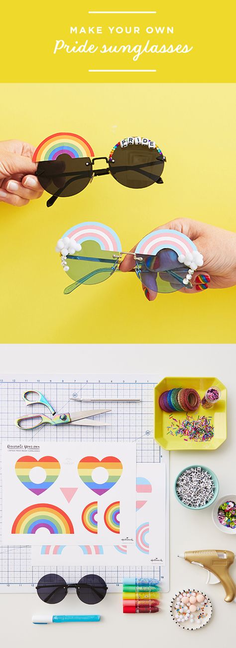 It’s Pride Month, and that means getting your rainbow on for parades and parties that celebrate the LGBTQ community. Hallmark Designer Katie K. came up with these perfect—and perfectly easy—DIY Pride Sunglasses. Print out our free downloads, get out your craft supplies, and turn ordinary sunglasses into FUNglasses. Pride Kids Craft, Pride Diy Ideas, Diy Pride Decorations, Pride Month Activities For Teens, Pride Activities For Teens, Lgbtq Crafts Ideas, Pride Craft Ideas, Pride Crafts To Sell, Pride Month Crafts