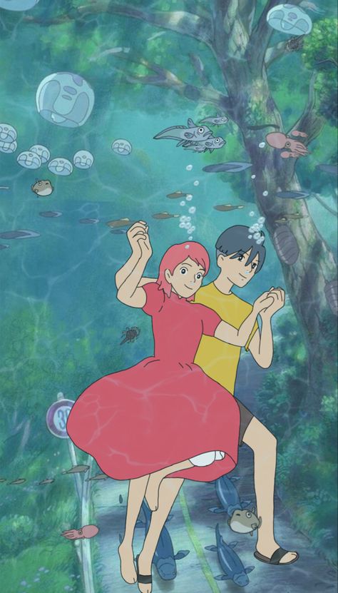 Ponyo and Sosuke are hands in hands, under water Ponyo And Sasuke Grown Up, Ponyo And Sasuke, Ponyo Fanart, Ghibli Characters, Studio Ghilbi, Studio Ghibli Characters, Grown Up, Studio Ghibli, Brain