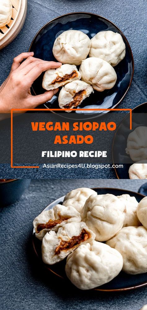 Siopao (sho-pow) is another popular Filipino snack. They are fluffy steamed buns that are filled with a sweet and savory meat-like filling, called Asado. It’s one of the best Filipino savory snacks! And this dish is very nostalgic to me, it takes me back to the Philippines and also Guam, my home. #Filipino #Recipes #Vegan Siopao Recipe, Filipino Debut, Filipino Snacks, Debut Party, Creative Breakfast, Vegan Grocery, Vegan Eats, Steamed Buns, Filipino Food