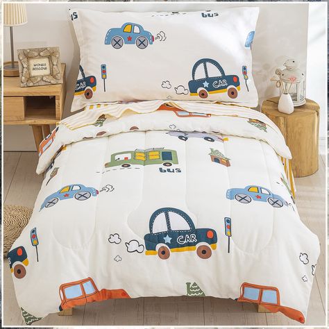 Cars Toddler Bedding Set 100% Cotton Soft Reversible Crib Bedding Set for Boys Girls,4 Pieces Includes Comforter,Flat Sheet, Toddler Car Bed, Construction Bedding, Toddler Comforter, Toddler Boy Room Decor, Toddler Bedding, Toddler Bed Set, Toddler Boys Room, Twin Comforter, Boys Bedding