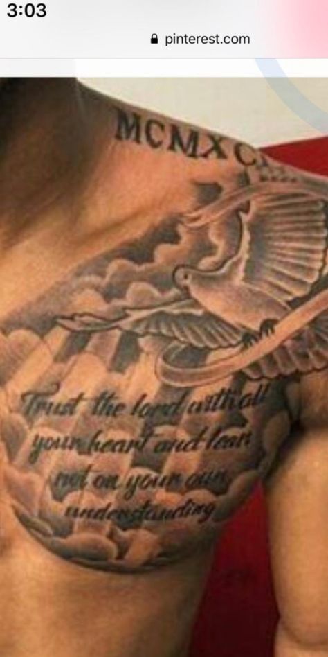 Mens Trapezius Tattoo, Tattoo Ideas For Men Chest Quotes, Men Half Chest Tattoo, Shoulder To Chest Tattoo For Men, Chest Piece Tattoos Mens Clouds, Chest And Shoulder Tattoo For Men, Black Men Chest Tattoos, One Side Chest Tattoo Men, Best Shoulder Tattoos Men