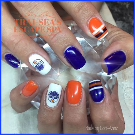 Oilers Nails Designs, Oilers Nails Edmonton, Edmonton Oilers Nails, Oilers Nails, Hockey Nails, Broncos Nails, Sports Nails, Neat Nails, Oilers Hockey