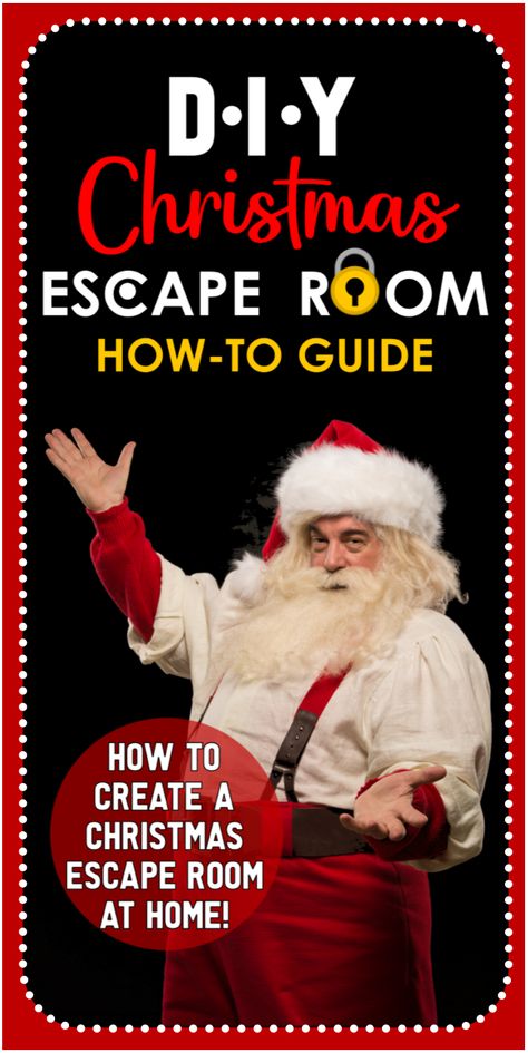 Set up your very own Christmas Escape Room this Holiday Season with this How-To Guide! Santa has been locked away by a naughty little elf and it's your guests job to find and solve the challenges and discover the magic lock combination to release Santa and Save Christmas! Christmas Eve Scavenger Hunt, Team Building Christmas Activities, Escape Room Gift Ideas, Christmas Eve Games For Adults, Christmas Family Ideas Activities, Christmas Escape Room For Teens, Christmas Escape Room Ideas, Christmas Escape Room For Adults, Christmas Surprise Ideas