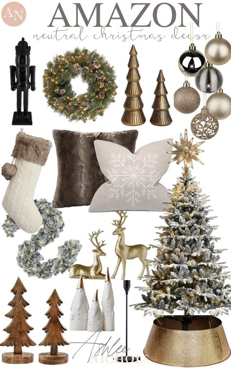 Greige Christmas Decor, Natural Christmas Decor Modern, Amazon Christmas Decor 2023, Mixed Metals Christmas Decor, Amazon Christmas Tree Decor, Flocked Neutral Christmas Tree, Modern Neutral Christmas Tree Decor, 2023 Holiday Decor Trends, Christmas Decor Ideas 2023 Trends Colors