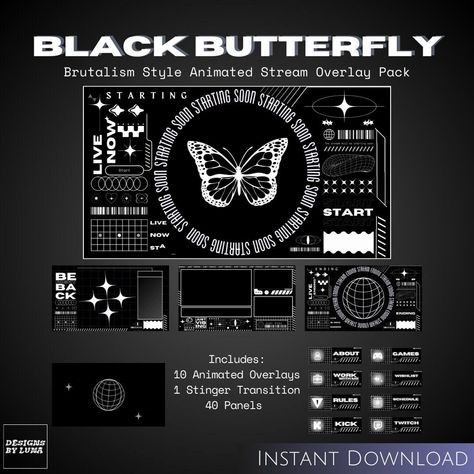 Black Cybercore, Streamer Overlay, Ipad Essentials, Y2k Butterfly, Butterfly Logo, Free Overlays, Twitch Overlay, Twitch Channel, Stinger