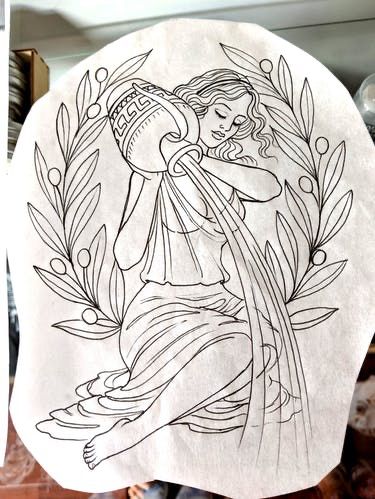 Water Back Tattoo Women, American Traditional Aquarius Tattoo, Water Woman Tattoo, Aquarius Sketch, Harvest Tattoo, Aquarius Goddess Tattoo, Water Bearer Tattoo, Black Cat Tattoo, Mujeres Tattoo