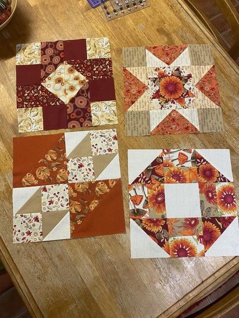 Quilt Along with Pat Sloan | Blocks 3-6 Autumn Wonders all done yesterday… | Facebook Fun Watch, Fall Table Runners, Fall Table, Quilt Block, Layer Cake, Quilt Blocks, Table Runners, Fabric Design, Quilting