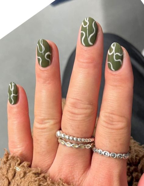 Olive Swirls Olive Green Nails Design Green Nails Pattern, Forest Green Nail Art, Subtle Green Nails, Olive Green Nail Art, Short Green Nail Designs, Olive Green Nails Designs, Olive Green Nail Ideas, Green And Brown Nails, Olive Green Nail Designs