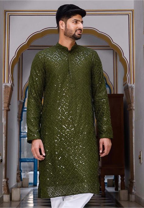 Faux Georgette Kurta in Olive Green This Readymade attire is Enhanced with Pockets, Resham, Sequins Work. Crafted in Chinese Collar Neck and Full Sleeve Do note: Bottom and Footwear shown in the image is for presentation purposes only. Half to one inch may vary in measurement. (Slight variation in actual color vs. image is possible) Mehendi Kurta For Men, Mehndi Kurta For Men, Mehndi Dress For Boys, Georgette Kurta, Vs Image, Kurta Pajama Men, Mehndi Dresses, Sangeet Outfit, Kurta For Men