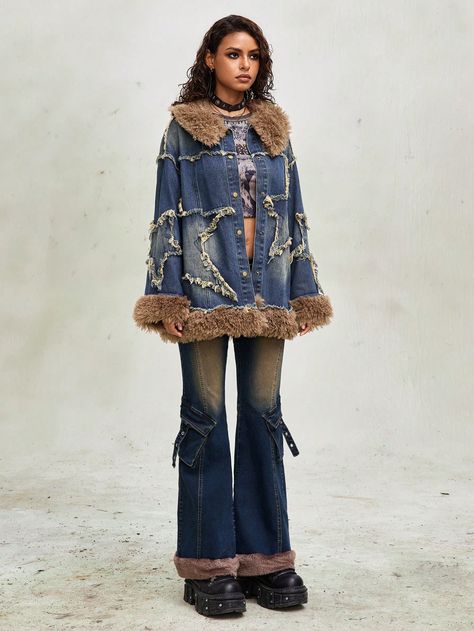 Women's Autumn/Winter Fur Collar Patchwork Five-Pointed Star Fringe Denim Jacket Dark Wash Casual  Long Sleeve Denim Colorblock Other Non-Stretch  Women Clothing, size features are:Bust: ,Length: ,Sleeve Length: Embroidered Coats For Women, Upcycle Winter Clothes, Denim Jacket Painting, Denim Fur Jacket, Patchwork Jackets For Women, Bohemian Style Winter, Fringe Denim Jacket, Long Denim Coat, Boy Braids Hairstyles