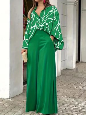 Two Pieces Set Outfits, Wide Leg Pant Suit, Set Outfits, Traje Casual, Elegante Casual, Floral Print Shirt, Turndown Collar, American Women, Batwing Sleeve