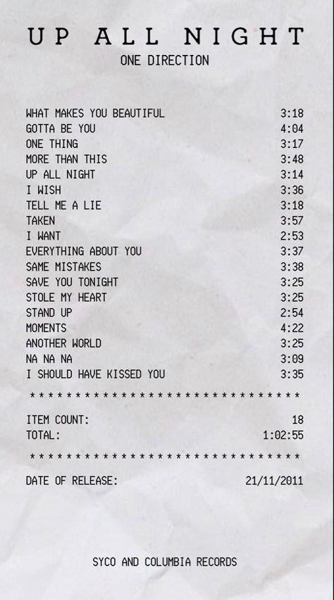 Up All Night’s album receipt One Direction Receipt, 1d Posters, Journaling Prints, One Ditection, 1d Albums, Album Receipts, Album Receipt, Room Pic, Sketchbook Ideas Inspiration