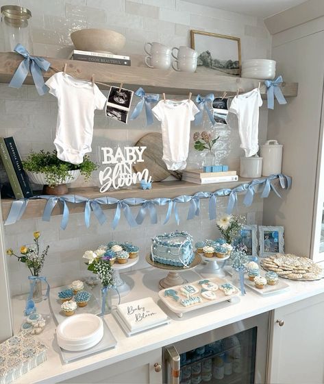 Dessert And Snack Table Ideas, Baby Shower Office Decorations, Babyshower Table Decoration For Boys, Teddy Bear Floral Centerpieces, Baby In Bloom Boy Shower Decor, Baby Blue Dessert Table, Its A Boy Baby Shower Ideas, Blue And White Baby Shower Theme, Oh Baby Shower Ideas Boy