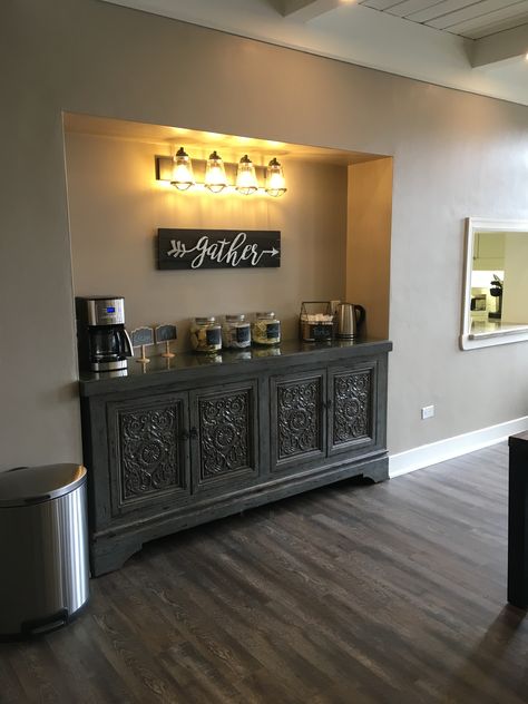 Office Hospitality Station, Reception Area Coffee Station, Church Coffee Bar Ideas Design, Church Kitchen Design Layout, Lobby Coffee Station, Church Coffee Station, Church Coffee Bar Ideas, Church Foyer Ideas Lobbies, Church Sanctuary Design