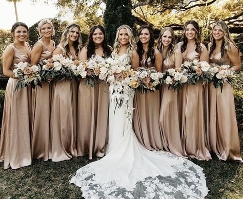 Bridesmaids will be in the David's Bridal "Sand" color but in satin fabric, so it has this pretty nude/gold look. This way we can have the color pallete shine through within the florals, having them stand out more. Bridal Party Satin Dresses, Navy Blue And Champagne Wedding Colors Bridesmaid Dresses, Flowers For Champagne Bridesmaid Dresses, 2023 Bridesmaids Dresses, Flowy Gold Bridesmaid Dress, Sand Color Dress Bridesmaid, Tan Neutral Wedding Colors, Sand Bridesmaid Dress Davids Bridal, Sand Satin Bridesmaid Dresses