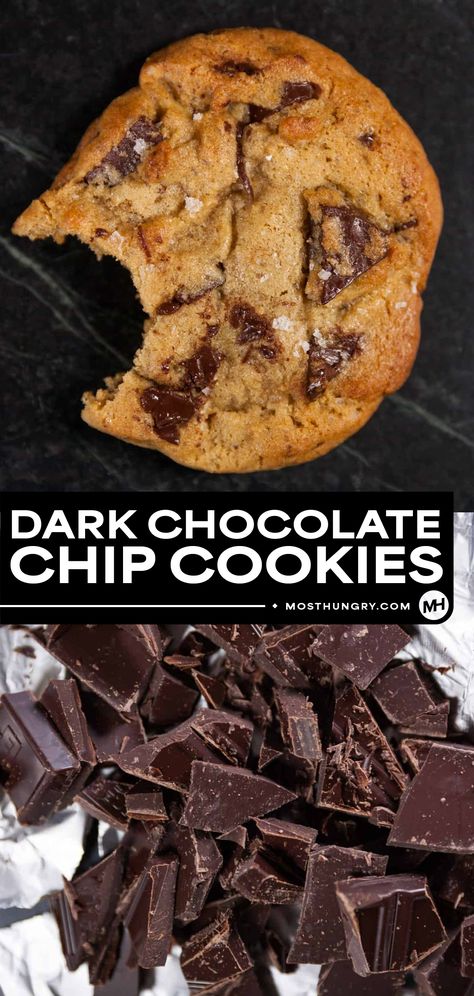 Salted Dark Chocolate Chip Cookies with Flaky Sea Salt Dark Chocolate Chip Cookies With Sea Salt, Salted Dark Chocolate Chip Cookies, Dark Brown Sugar Chocolate Chip Cookies, Healthy Dark Chocolate Cookies, Dark Chocolate Chunk Cookies, Dark Chocolate Chip Cookies Recipes, Chocolate Chipless Cookie Recipe, Freezer Stocking, Dark Chocolate Sea Salt Cookies