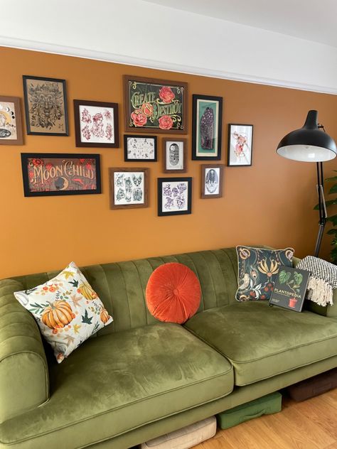 Terracotta Wall Green Sofa, Orange Sofa Green Wall, Terracotta Walls Living Room, Olive Velvet Sofa, Terracotta Sofa, Green Sofa Living Room, Olive Sofa, Olive Velvet, Family Room Remodel