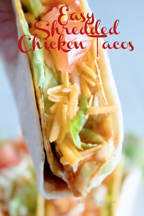 These Easy Shredded Chicken Double Decker Tacos are perfect when you cant decide if you want a hard or soft taco. Easy to make when you use rotisserie chicken and canned refried beans. A quick throw together dinner for Taco Tuesday or any night. Canned Chicken Tacos, Double Decker Tacos, Taco Easy, Canned Refried Beans, Use Rotisserie Chicken, Rotisserie Chicken Tacos, Chicken Soft Tacos, Tacos Easy, Canning Refried Beans