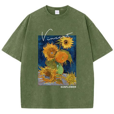 Van Gogh Sunflower Print Printing T-Shirts Man Casual 100% Cotton T-Shirt Breathable Clothing Casual Oversized Tee Shirt, Van Gogh Sunflowers, Breathable Clothes, Cotton Decorations, Casual Chique, Spaghetti Strap Mini Dress, Satin Midi Skirt, Sunflower Print, Oversized Tee