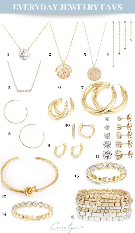 Jewelry makes me feel like my outfit is complete — even in sweatpants. So today I’m excited to share a few of my favorite (and mostly under $25) jewels I like to wear. I’m pretty hard on stuff that I wear and all of these items are quite sturdy. FYI: Items above are not to scale. Basic Gold Jewelry, Staple Jewelry Pieces, Quiet Luxury Jewelry, Must Have Jewelry Pieces, Basic Jewelry Essentials, Accesories Outfit Jewelry, Timeless Jewelry Pieces, Felix Jewelry, How To Accessorize An Outfit