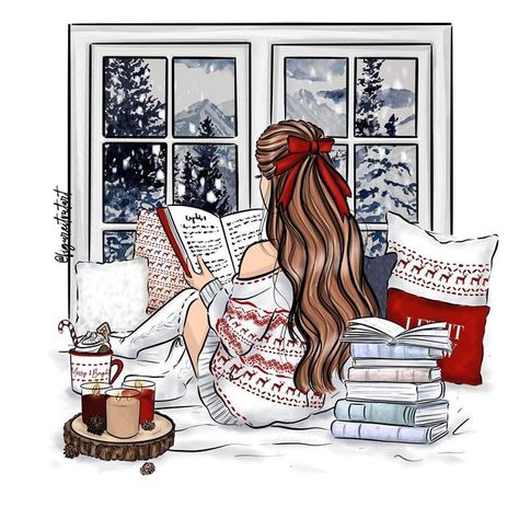 Christmas Book Wallpaper, Winter Books Aesthetic, Christmas Girl Drawing, Christmas Girl Illustration, Drawing For Christmas, Cozy Drawing, Christmas Reading, Winter Books, Christmas Aesthetic Wallpaper