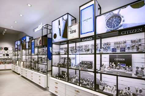 Watch Showroom Interiors, Clock Shop Interior Design, Watch Store Design Interior, Watch Shop Interior Store Design, Shop Rack Design, Watch Store Design, Airport Retail, Watch Showroom, Watches Display