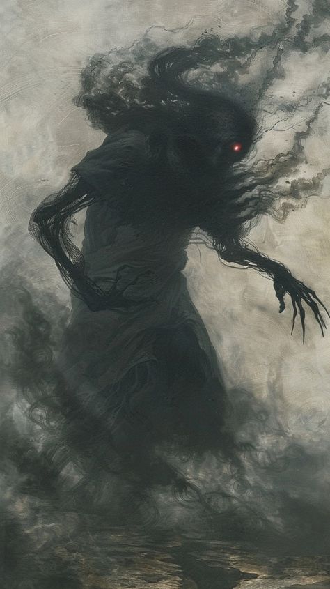 A shadowed figure shrouded in swirling black mist, eyes glowing an eerie red, performs a ritualistic dance. A ghostly apparition rises from the ground, its form flickering and distorted, reaching out with skeletal fingers. The air crackles with arcane energy, casting long, ominous shadows on the desolate landscape. Desolate Landscape Fantasy Art, Candela Obscura Art, Shadow Monster Concept Art, Fantasy Shadow Creature, Shadow Humanoid, Shadow Figure Art, Black Figures Shadows, Fantasy Ghost Art, Dnd Shadow