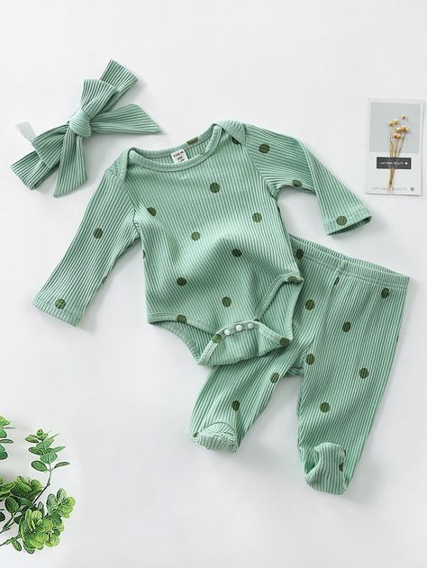 Green  Collar Long Sleeve  Polka Dot Baby Pajama Set Embellished Slight Stretch  Baby Clothing Baby Pyjamas, Baby Doll Furniture, Baby Pjs, Twin Outfits, Baby Prep, Baby Pajamas, Sleep Pants