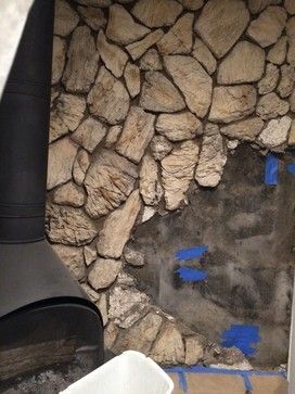 Removal of 1970s Faux Rock/Lava Stone Wall behind Fireplace Remove Stone From Fireplace, Fireplace Removal, Removing Fireplace, Lava Rock Wall, Small Living Room Remodel, Farmhouse Small Living Room, Fake Rock Wall, Lava Rock Fireplace, Fireplace Upgrade