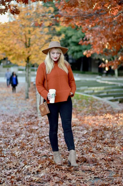 The Coziest Burnt Orange Sweater - on SALE. The perfect fall outfit. Details on the blog! Burnt Orange Dress Casual Fall, Fall Burnt Orange Outfit, Burnt Orange Long Sleeve Shirt Outfit, Orange Sweater Work Outfit, Fall Orange Sweater Outfits, Burnt Orange Sweater Outfit Fall, Burnt Orange Fall Outfit, Orange Sweater Outfit Fall Looks, Orange Sweater Outfit Winter