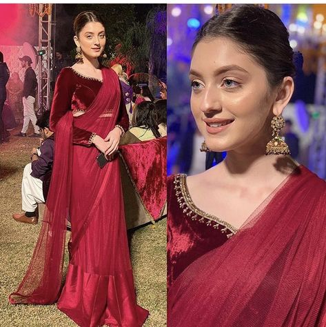 Neha Rajpoot Saree, Maroon Velvet Blouse Designs, Makeup For Farewell Party, Sarees With Velvet Blouse, Designer Sarees Wedding, Fest Outfits, Fancy Sarees Party Wear, Pakistani Fashion Party Wear, Indian Fashion Saree