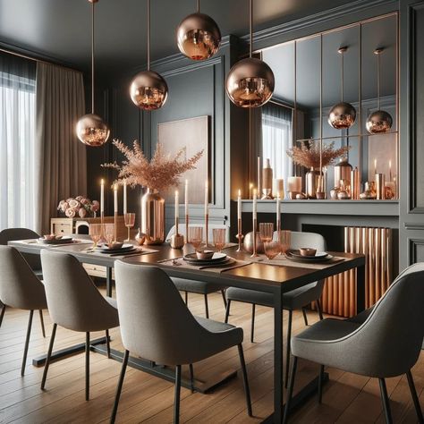 rose gold and charcoal gray dining room Bedroom Interior Colour, Rose Gold Furniture, Modern White Desk, Luxurious Bedroom Design, White Shelving Unit, Brown Dining Room, Gold Dining Room, Charcoal Walls, Dining Room Design Modern