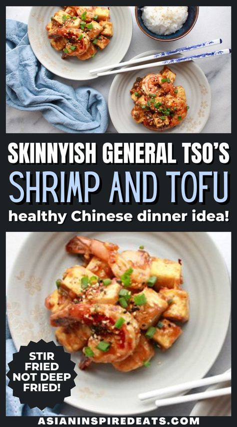 2 plates of shrimp and tofu stir fried with sauce and topped with sesame seeds and chives Shrimp And Tofu Recipes, General Tso Shrimp, Stir Fry Dinner Recipes, Stir Fry Healthy, Stir Fry Dinner, Delicious Breakfast Casserole, Chinese Dinner, Healthy Chinese, Asian Stir Fry