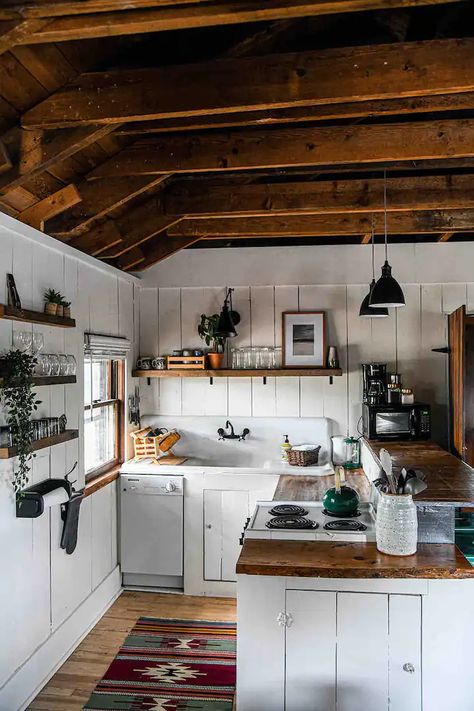 Carriage House Apartment Interior, Carriage House Conversion, Carriage House Decor, Small Cabin Renovation, Carriage House Interior, Modern Carriage House, Tiny Cabin Kitchen, Tiny Cabins Interiors, Airbnb Kitchen