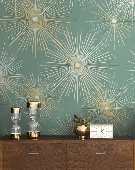 Mid Century Modern Wallpaper Accent Wall, Van Walls, Mid Century Modern Wallpaper, Mid Century Wallpaper, Walls Ideas, Drops Patterns, Green Room, Wallpaper Pattern, Well Decor