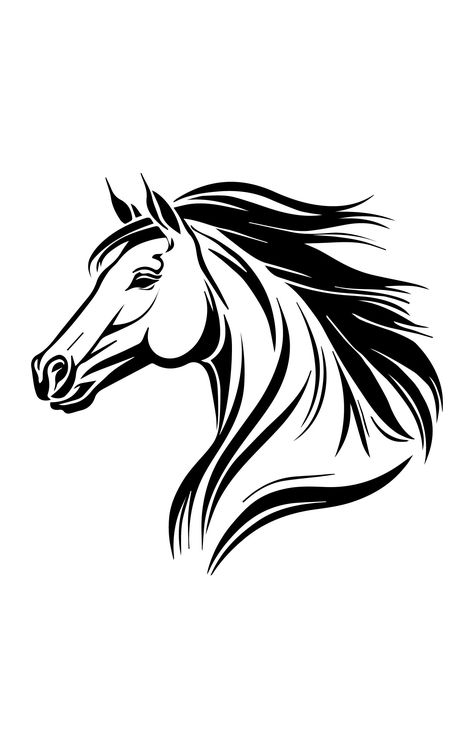 Black White Art Drawing, Horse Head Illustration, Horse Designs Art, Black Horse Drawing, Horse Head Stencil, Horse Drawing Simple, Horse Logo Design Ideas, Simple Horse Drawing, Black And White Silhouette Art