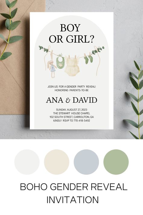 Boho gender reveal invitation in pastel colours. Simple Gender Reveal Invitations, He Or She Gender Reveal Invitations, Boho Gender Reveal Invitations, Invitation Card Design Gender Reveal, Gender Reveal Invitations Template Blank, Gender Reveal Invitations Template, Gender Party, Gender Reveal Invitations, Editable Invitations