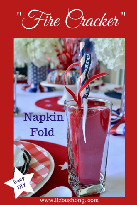 DIY Fire Cracker Napkin Fold for 4th of July - Liz Bushong Christmas Napkin Folding, Fancy Napkin Folding, Easy Napkin Folding, Paper Napkin Folding, Gold Table Setting, Fire Cracker, Ribbon Curls, Ribbon Paper, Napkin Folds